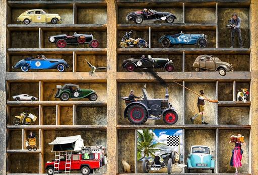 A shelf with miniature cars and collectible objects from different periods
